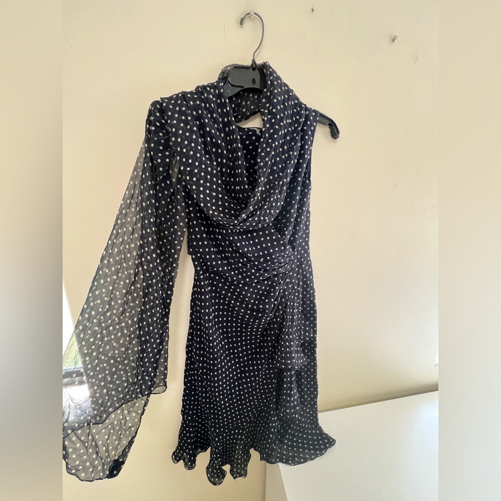 Melinda Eng Blue and white polka dotted Ruffled Tiered Midi Dress with scarf - Picture 11 of 11